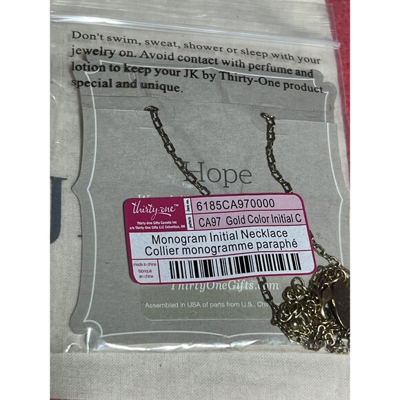 JK by Thirty One Initial Monogram C Necklace Gold Tone  20" Gold NIB - Picture 3 of 5